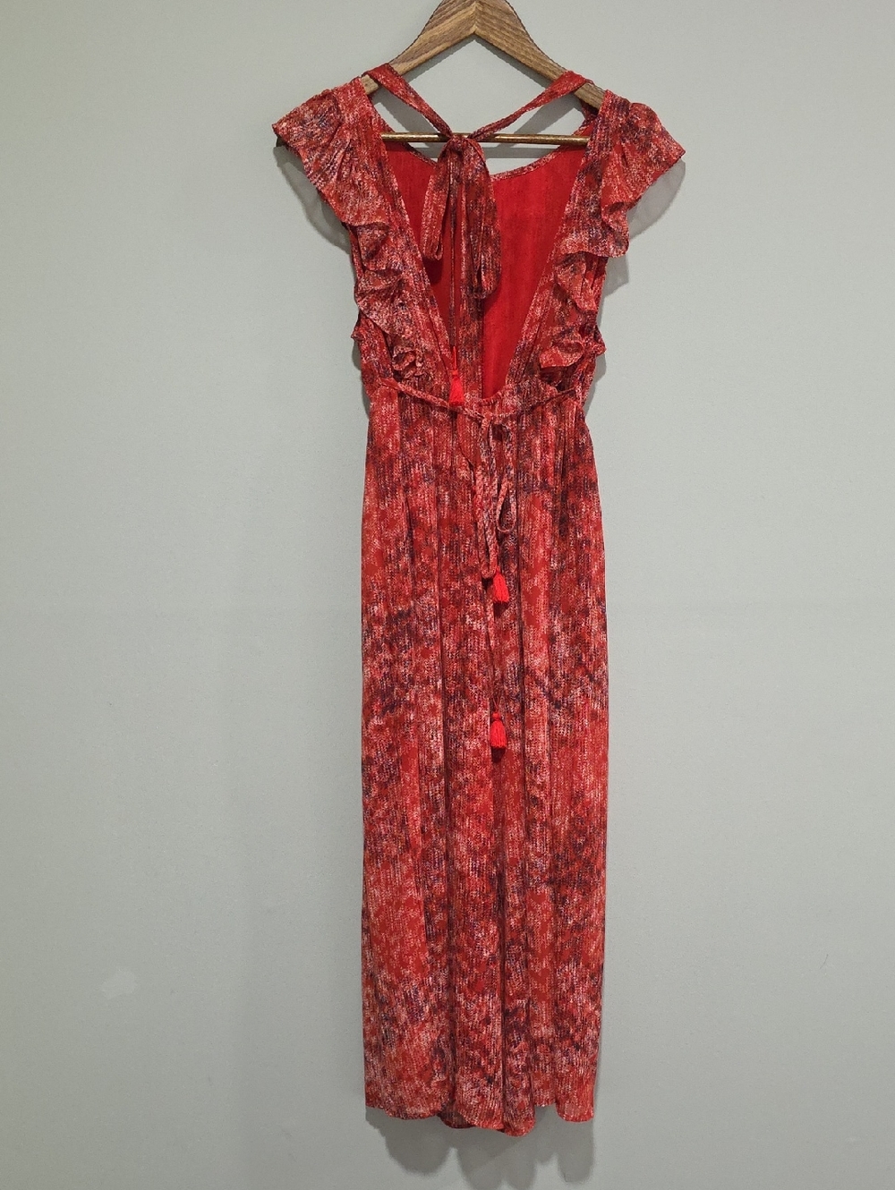 Fab RIK Red Floral Wide Leg Jumpsuit Flutter Sleeve Boho Romantic Small - Picture 7 of 9